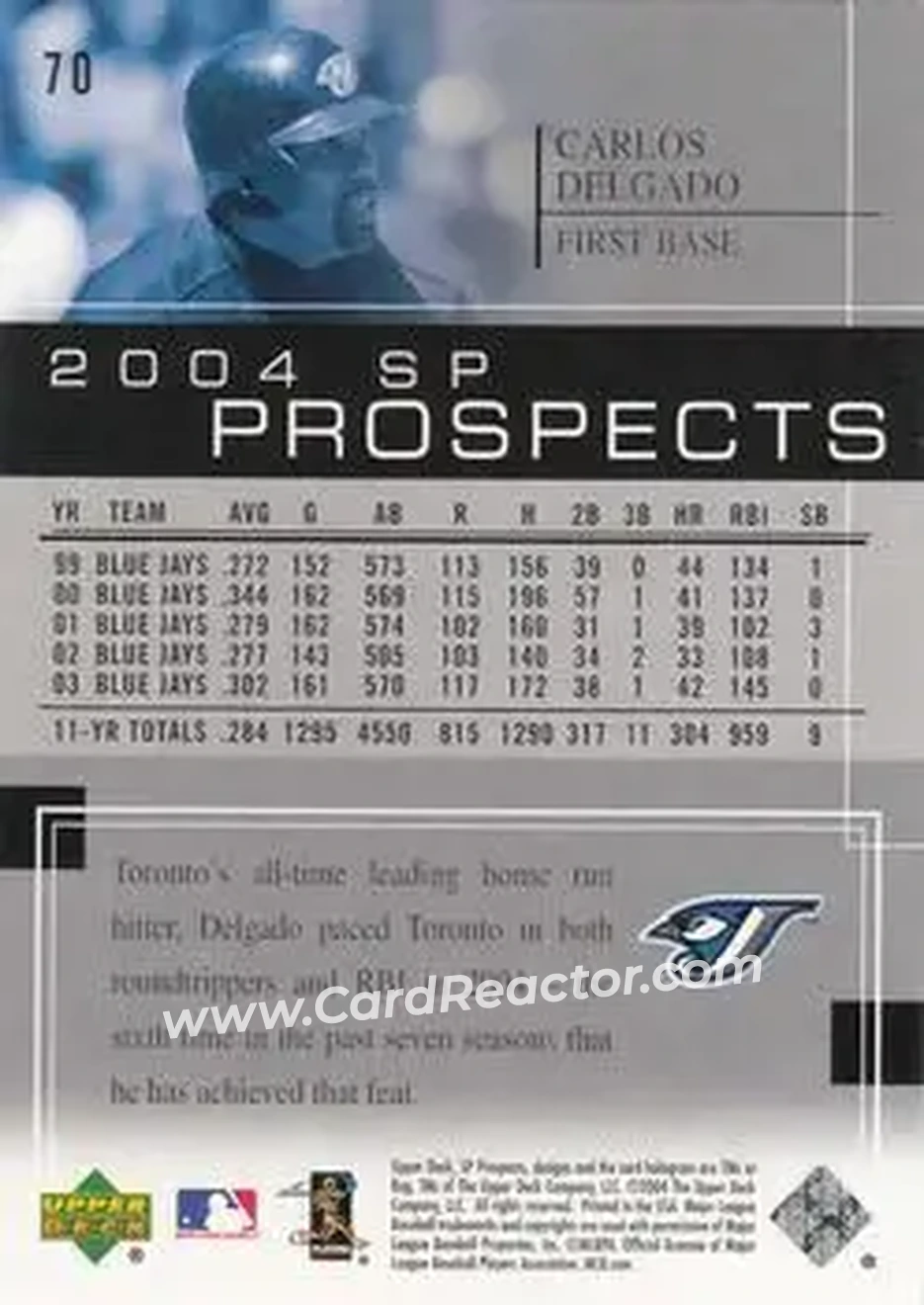 2004 SP Prospects #70 - Carlos Delgado - Toronto Blue Jays - Back