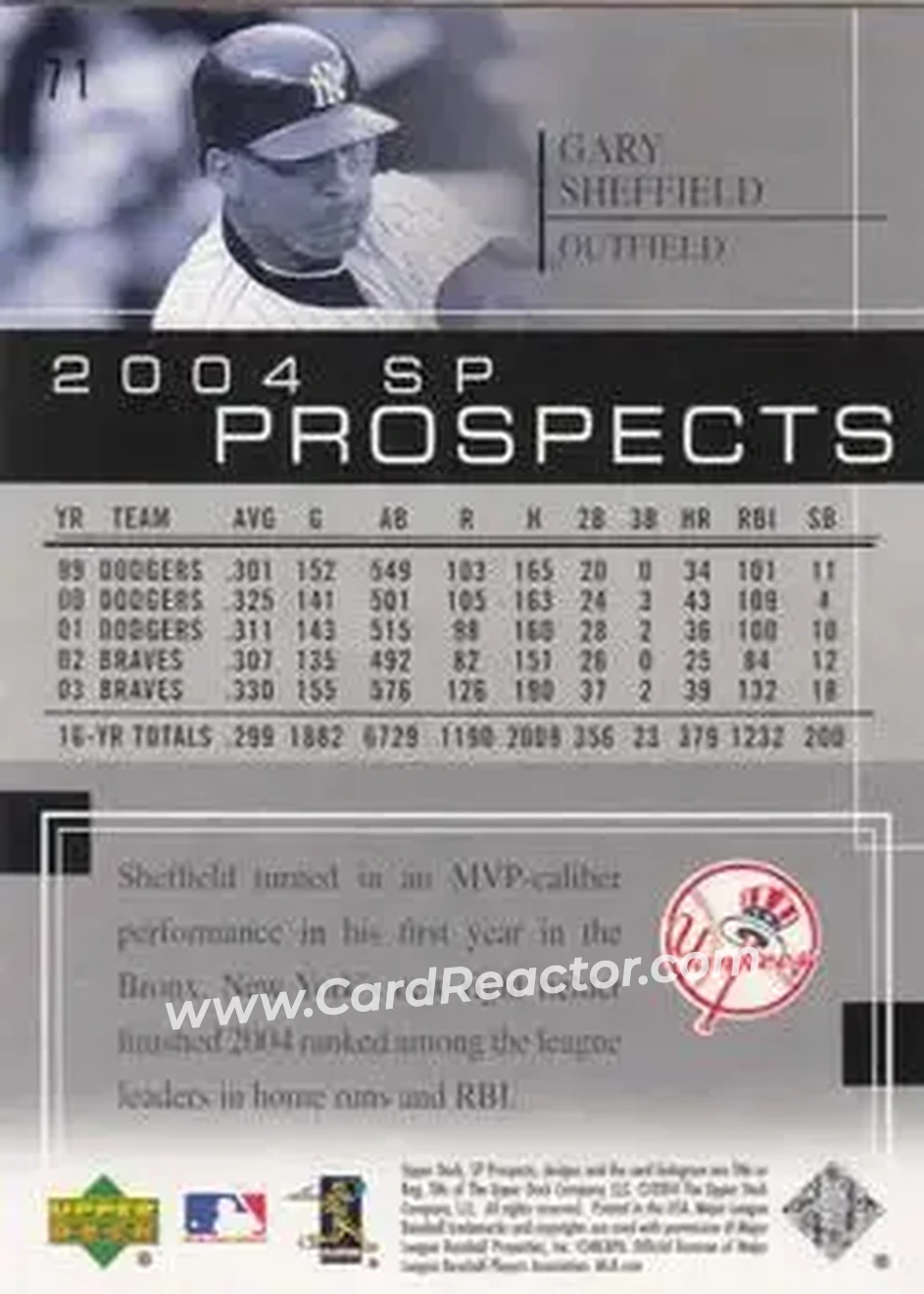 2004 SP Prospects #71 - Gary Sheffield - New York Yankees - Back