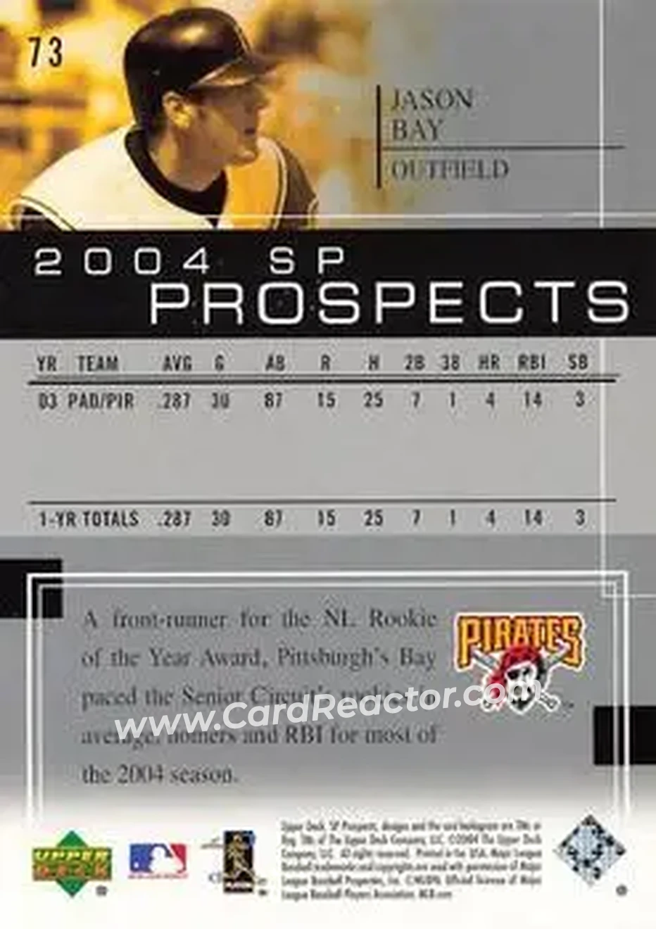 2004 SP Prospects #73 - Jason Bay - Pittsburgh Pirates - Back 2004 SP Prospects #73 - Jason Bay - Pittsburgh Pirates - Back