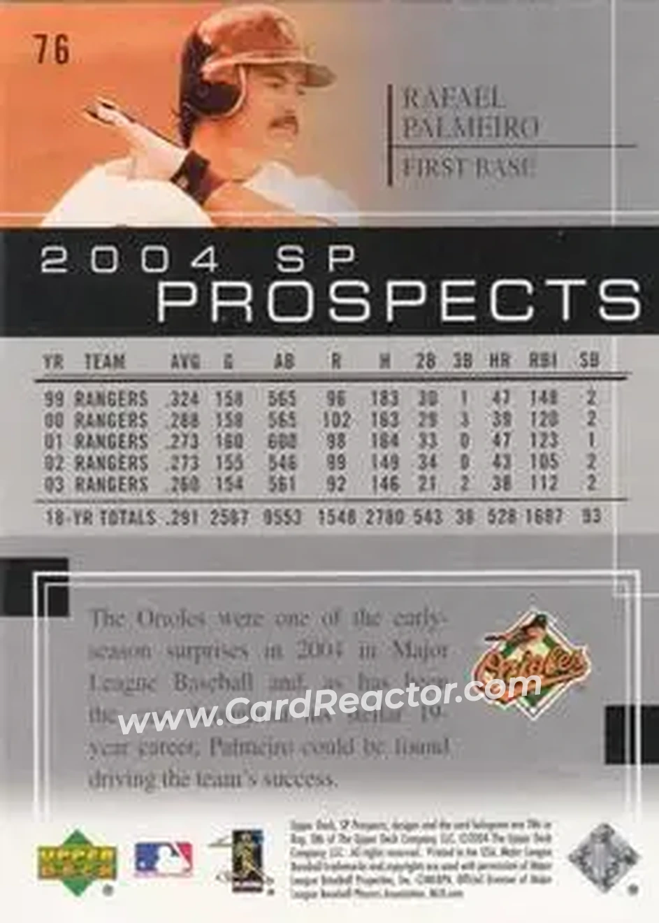 2004 SP Prospects #76 - Rafael Palmeiro - Baltimore Orioles - Back