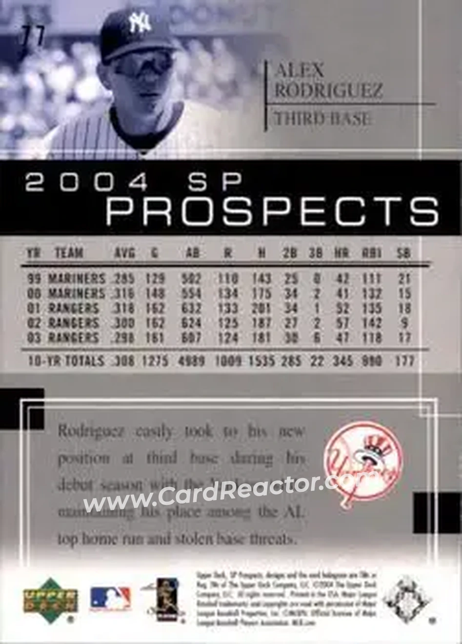 2004 SP Prospects #77 - Alex Rodriguez - New York Yankees - Back