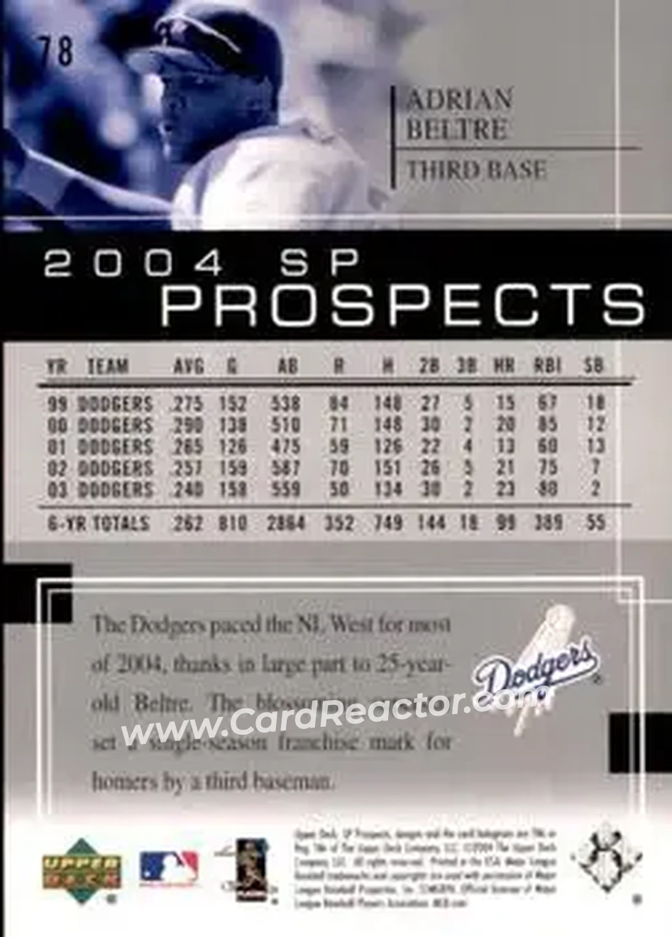 2004 SP Prospects #78 - Adrian Beltré - Los Angeles Dodgers - Back 2004 SP Prospects #78 - Adrian Beltré - Los Angeles Dodgers - Back