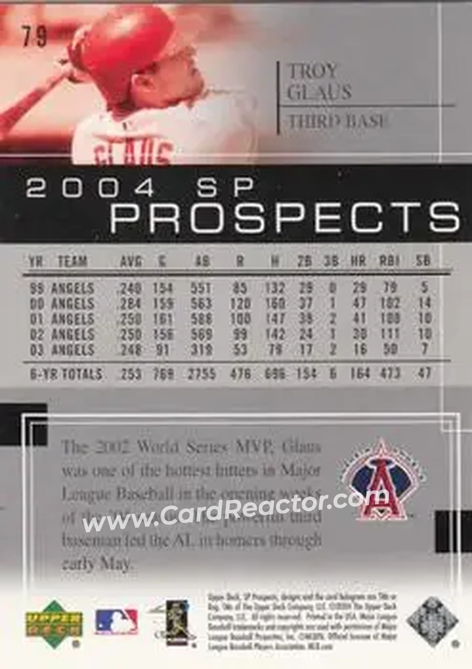 2004 SP Prospects #79 - Troy Glaus - Anaheim Angels - Back