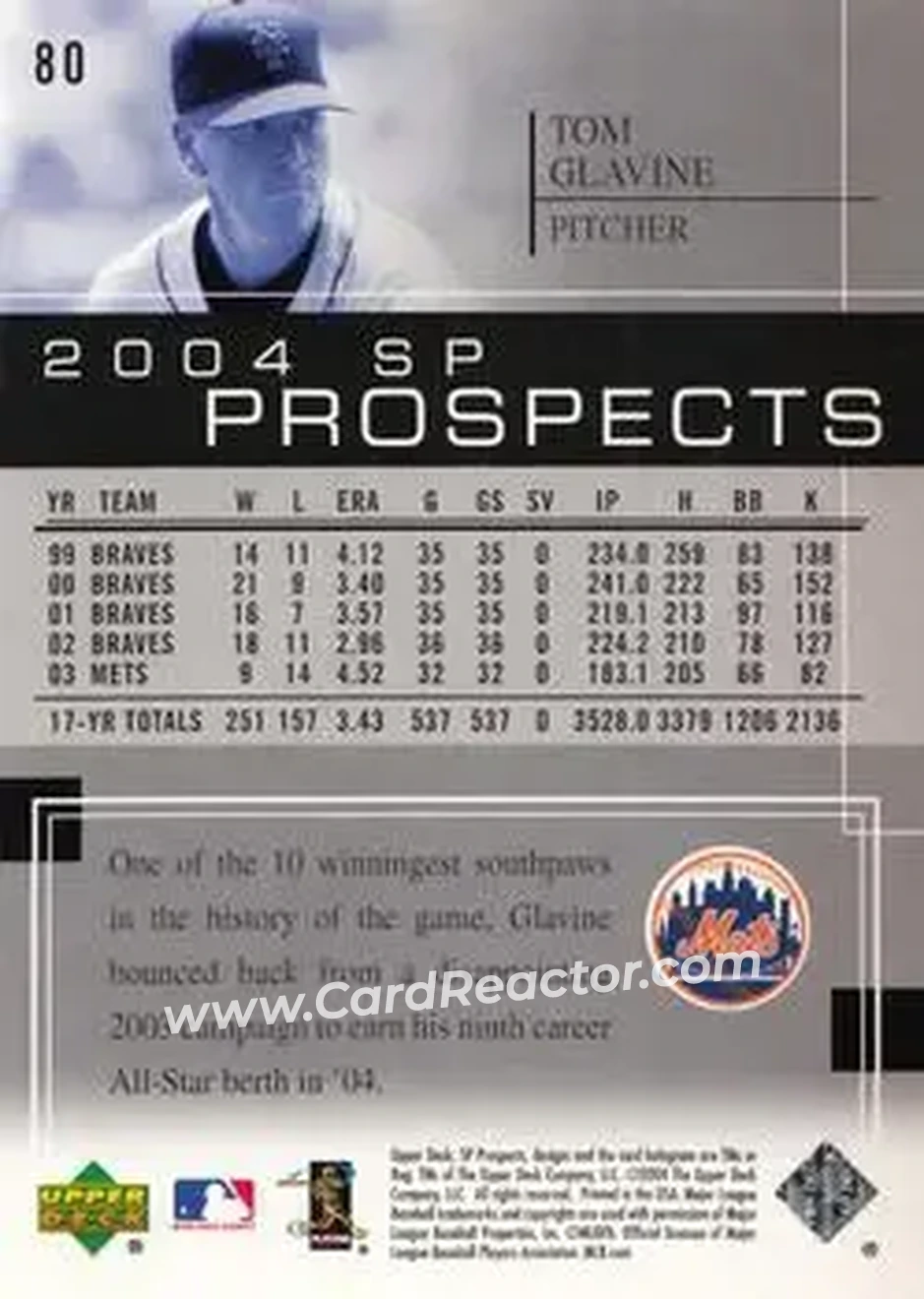 2004 SP Prospects #80 - Tom Glavine - New York Mets - Back