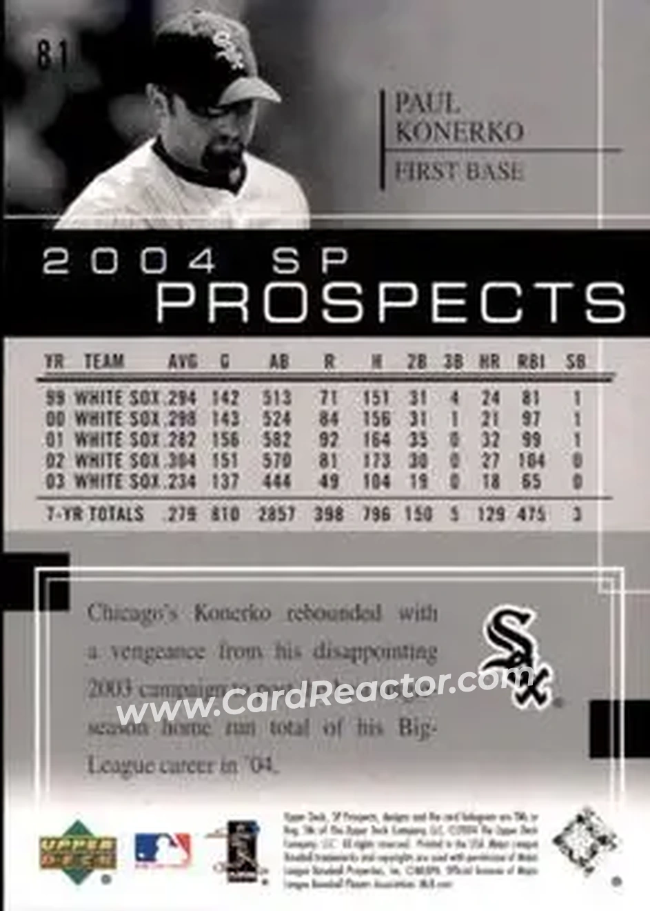 2004 SP Prospects #81 - Paul Konerko - Chicago White Sox - Back
