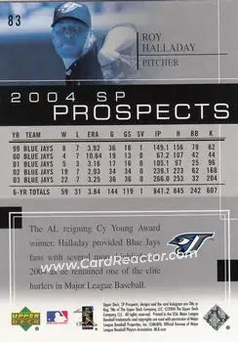 2004 SP Prospects #83 - Roy Halladay - Toronto Blue Jays - Back 2004 SP Prospects #83 - Roy Halladay - Toronto Blue Jays - Back
