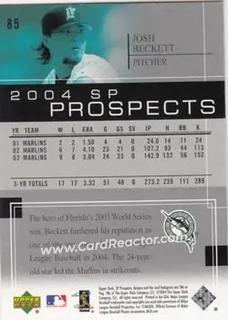 2004 SP Prospects #85 - Josh Beckett - Florida Marlins - Back
