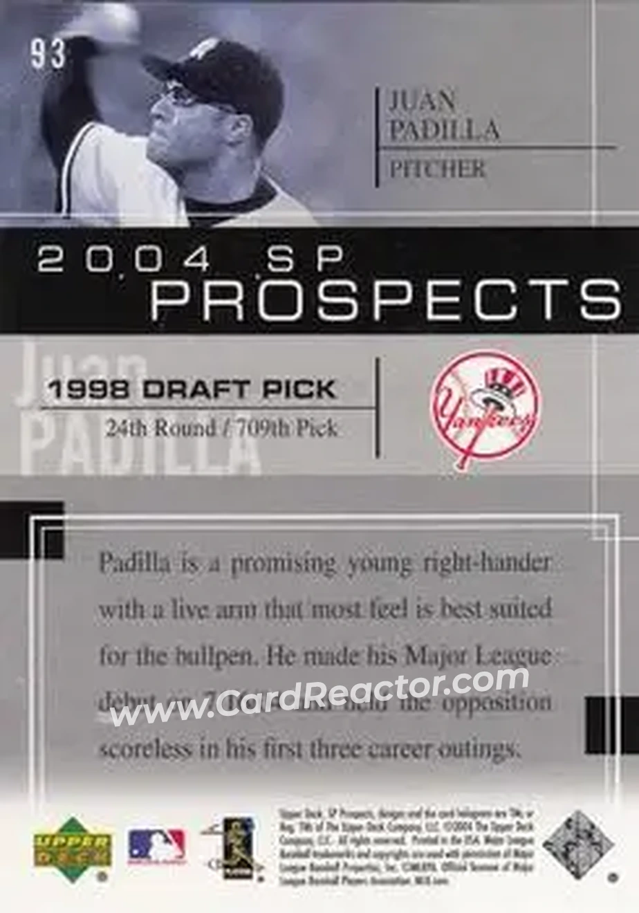 2004 SP Prospects #93 - Juan Padilla - New York Yankees - Back