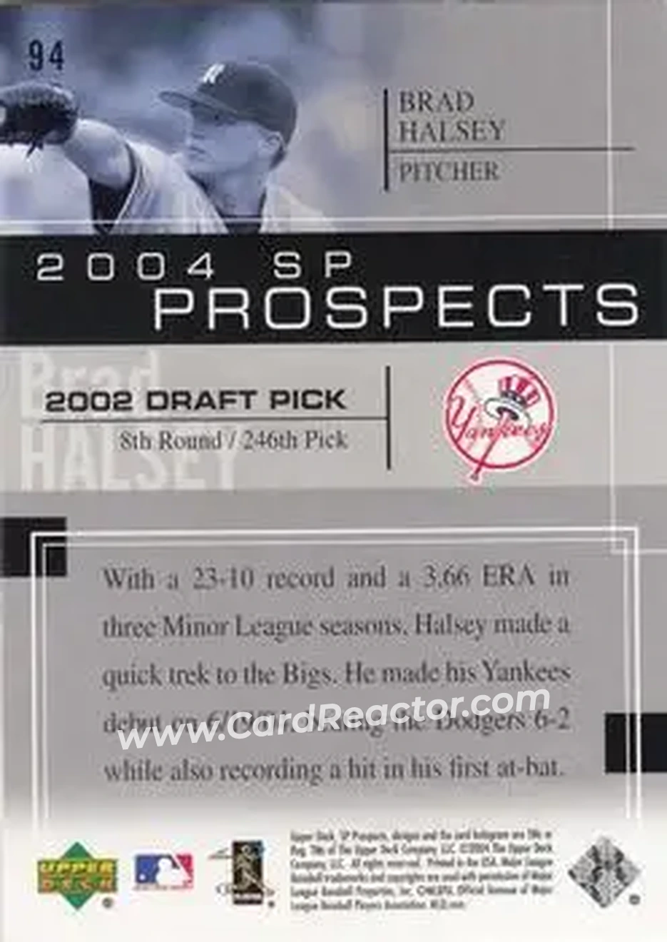 2004 SP Prospects #94 - Brad Halsey - New York Yankees - Back
