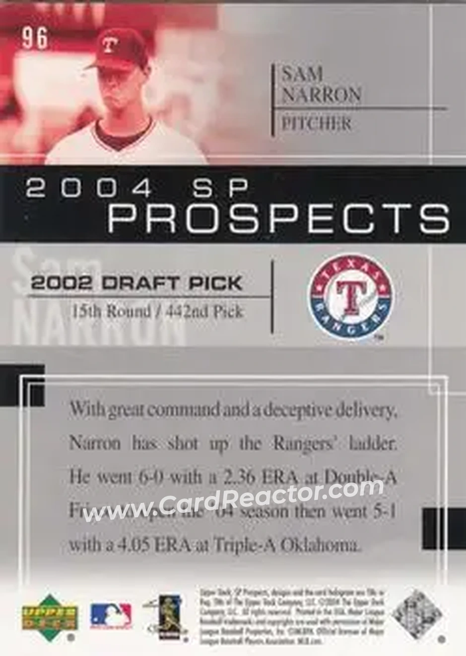 2004 SP Prospects #96 - Sam Narron - Texas Rangers - Back