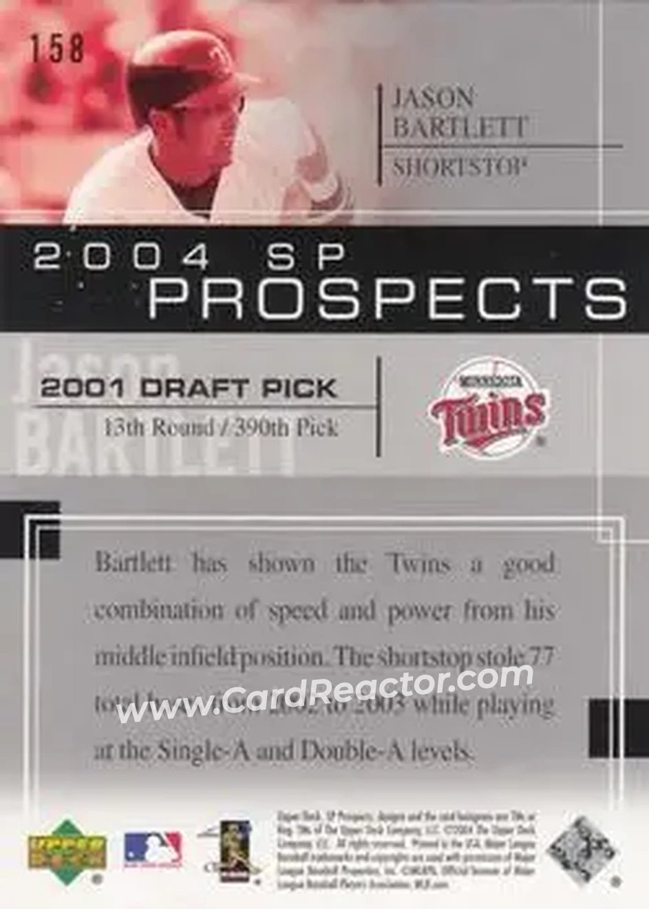 2004 SP Prospects #158 - Jason Bartlett - Minnesota Twins - Back