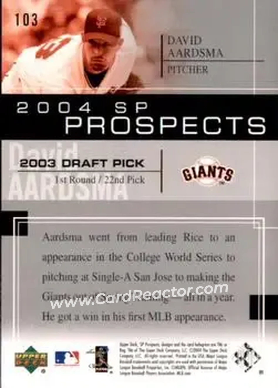 2004 SP Prospects #103 - David Aardsma - San Francisco Giants - Back