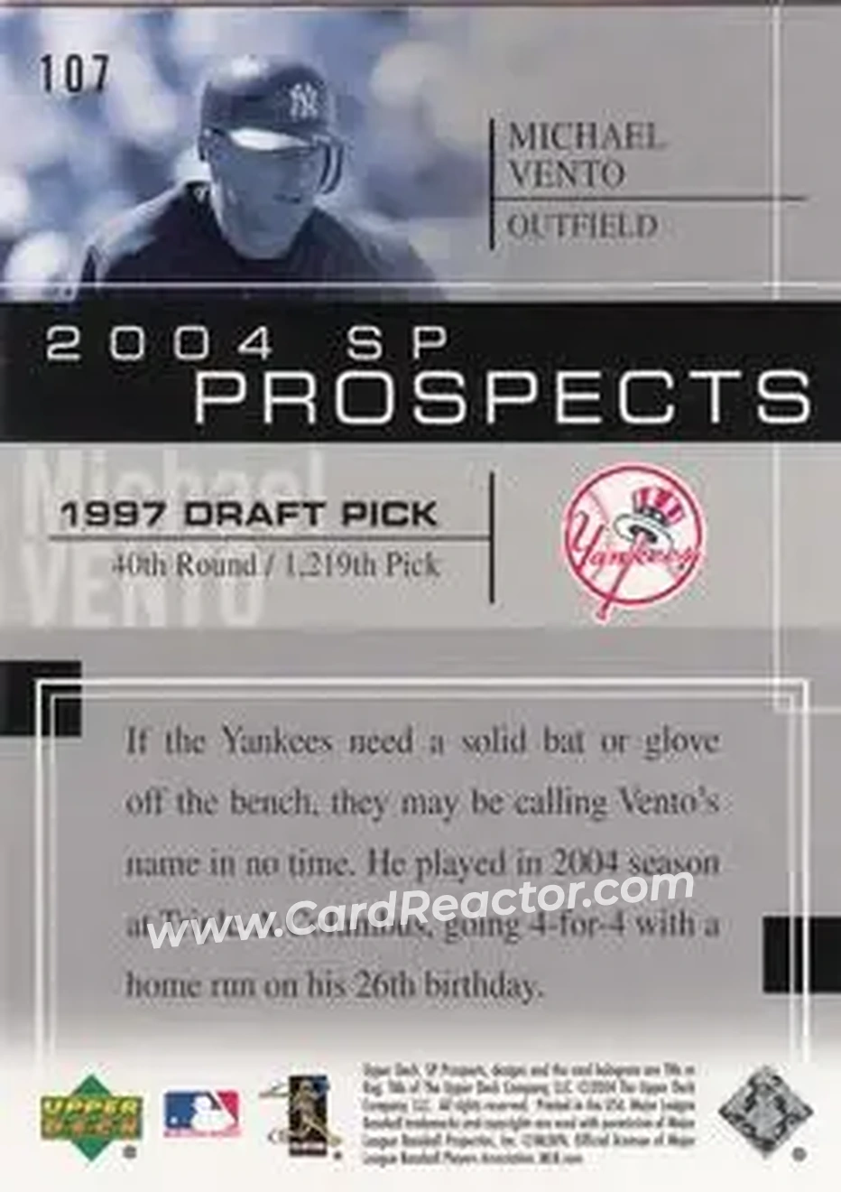 2004 SP Prospects #107 - Mike Vento - New York Yankees - Back 2004 SP Prospects #107 - Mike Vento - New York Yankees - Back