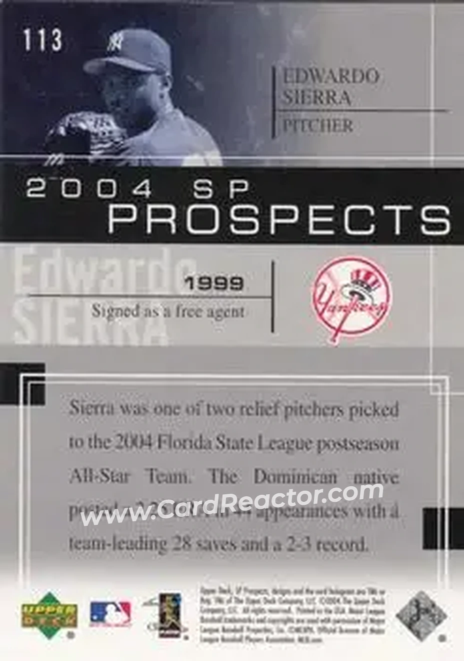 2004 SP Prospects #113 - Edwardo Sierra - New York Yankees - Back 2004 SP Prospects #113 - Edwardo Sierra - New York Yankees - Back