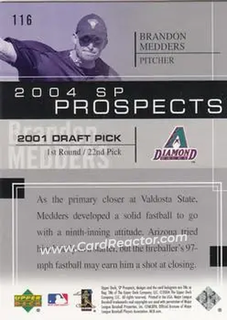 2004 SP Prospects #116 - Brandon Medders - Arizona Diamondbacks - Back 2004 SP Prospects #116 - Brandon Medders - Arizona Diamondbacks - Back