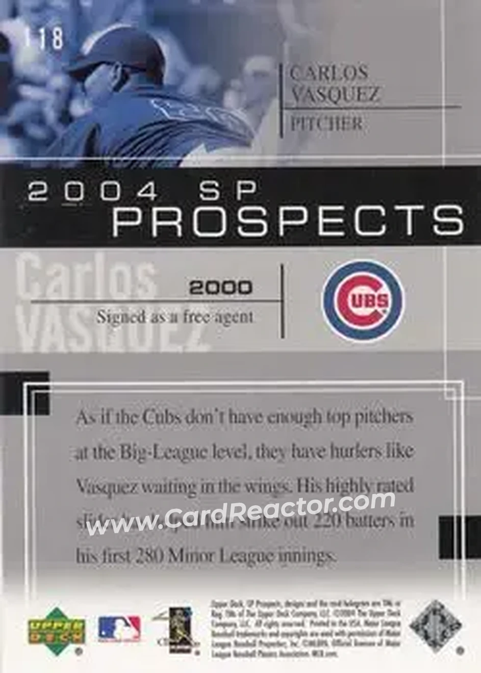 2004 SP Prospects #118 - Carlos Vasquez - Chicago Cubs - Back