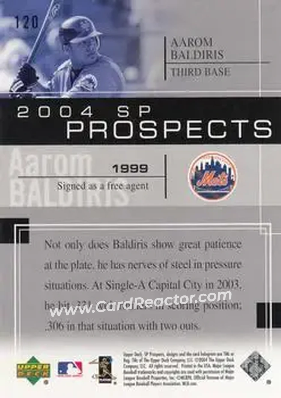 2004 SP Prospects #120 - Aarom Baldiris - New York Mets - Back 2004 SP Prospects #120 - Aarom Baldiris - New York Mets - Back
