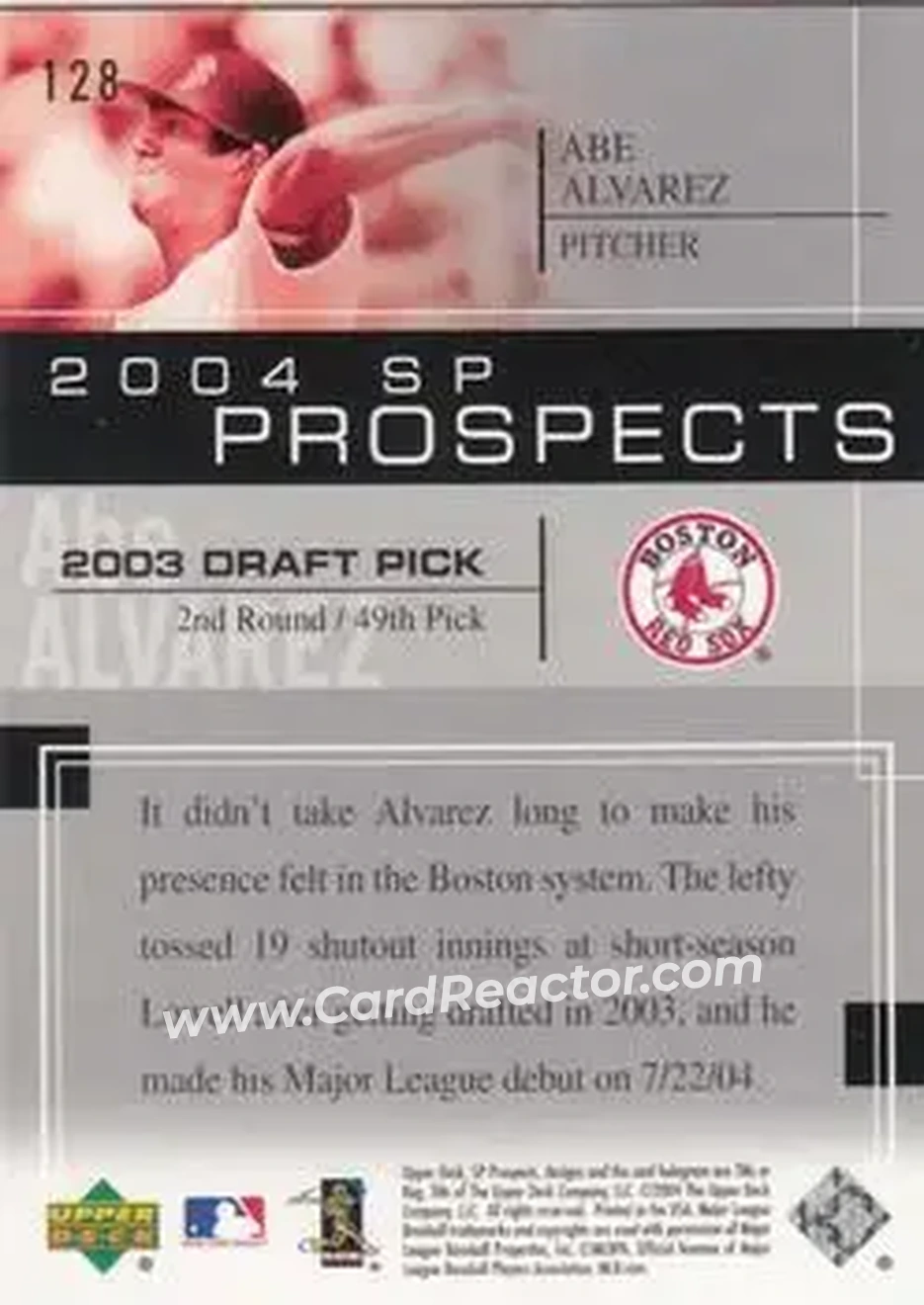 2004 SP Prospects #128 - Abe Alvarez - Boston Red Sox - Back