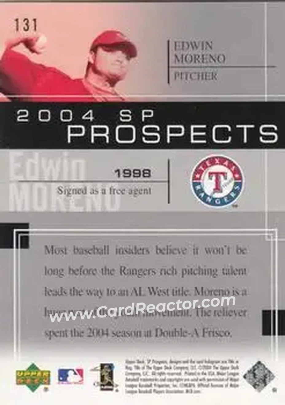 2004 SP Prospects #131 - Edwin Moreno - Texas Rangers - Back 2004 SP Prospects #131 - Edwin Moreno - Texas Rangers - Back
