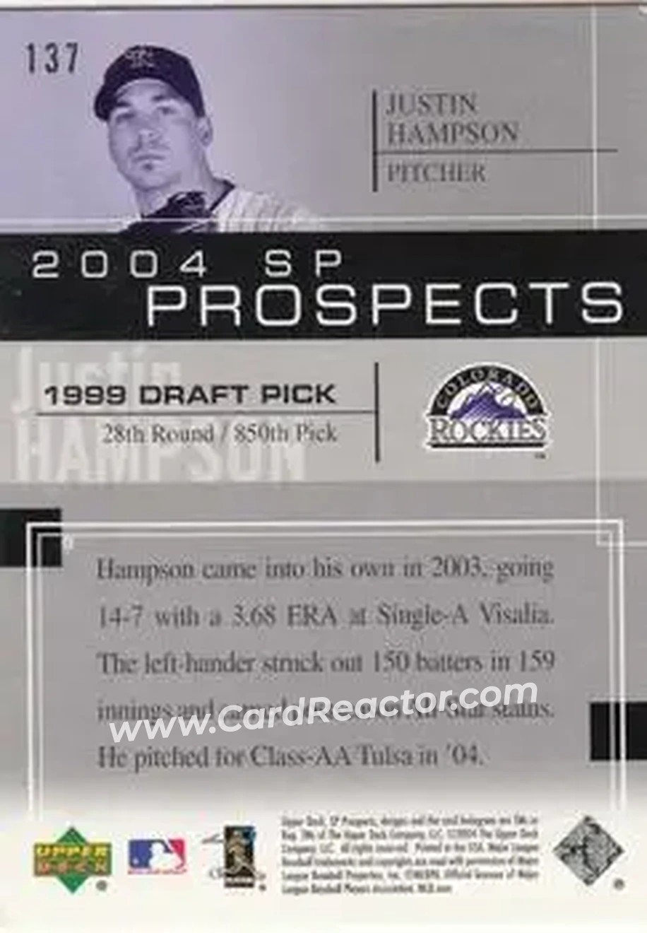 2004 SP Prospects #137 - Justin Hampson - Colorado Rockies - Back