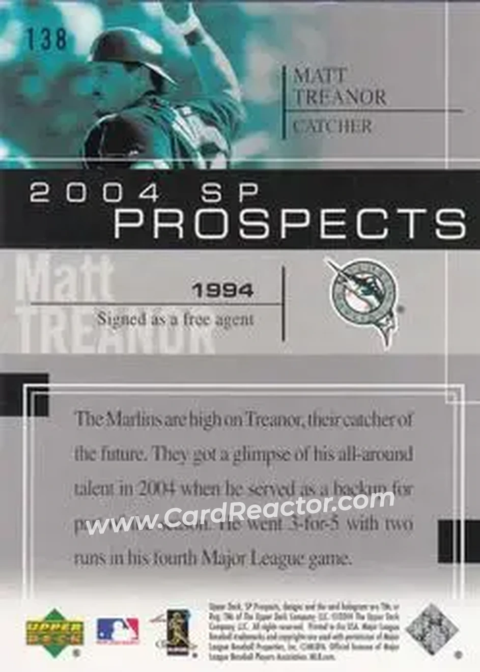 2004 SP Prospects #138 - Matt Treanor - Florida Marlins - Back
