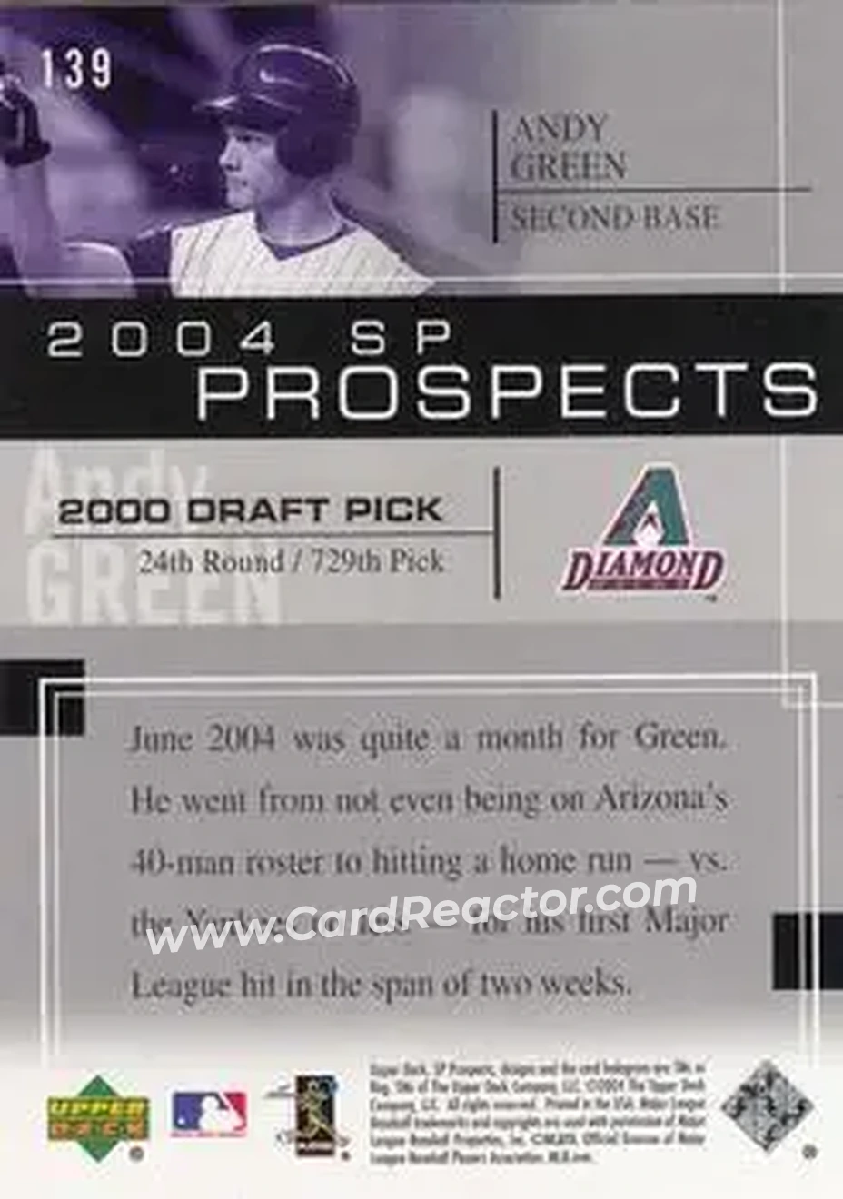 2004 SP Prospects #139 - Andy Green - Arizona Diamondbacks - Back