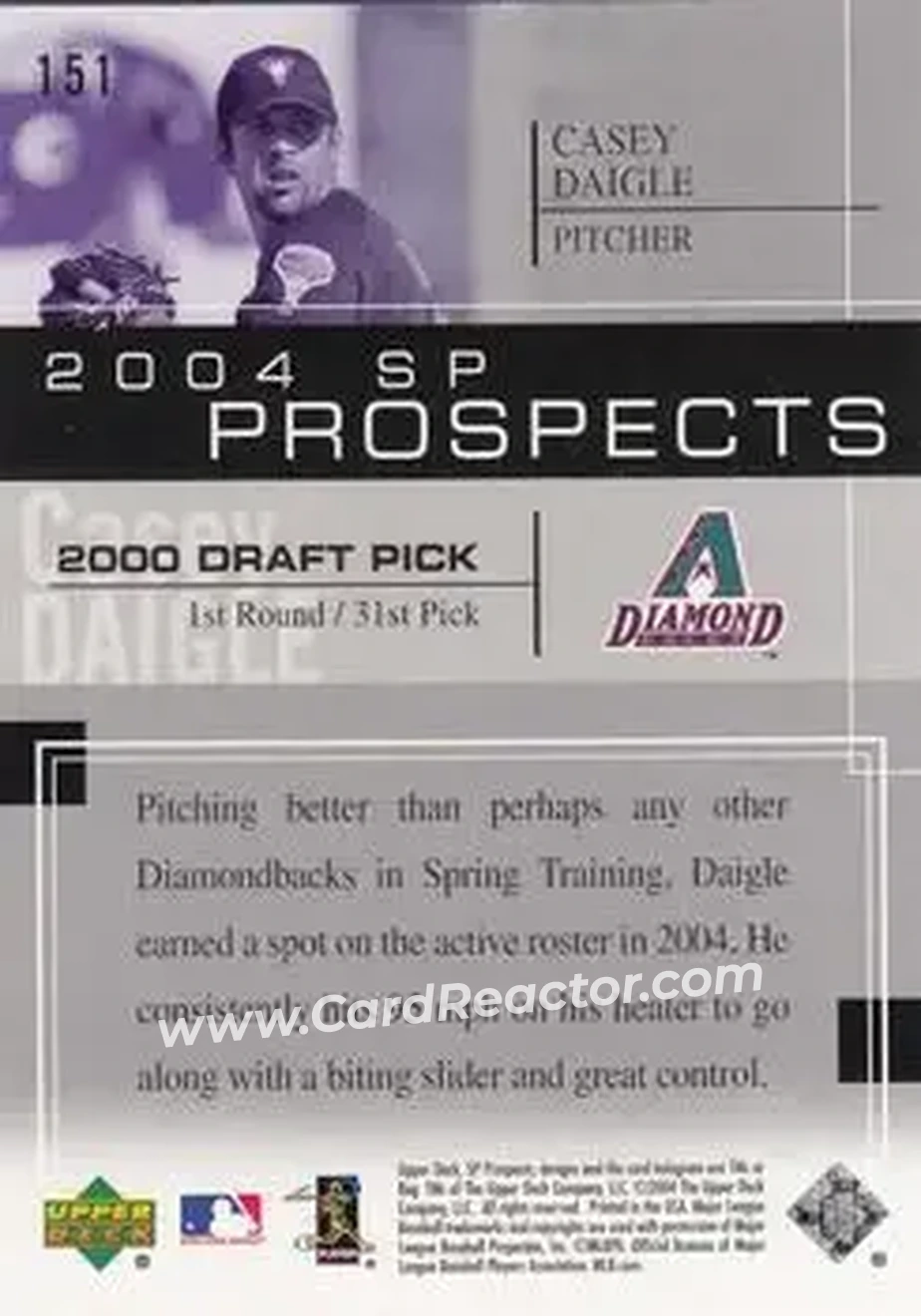 2004 SP Prospects #151 - Casey Daigle - Arizona Diamondbacks - Back 2004 SP Prospects #151 - Casey Daigle - Arizona Diamondbacks - Back