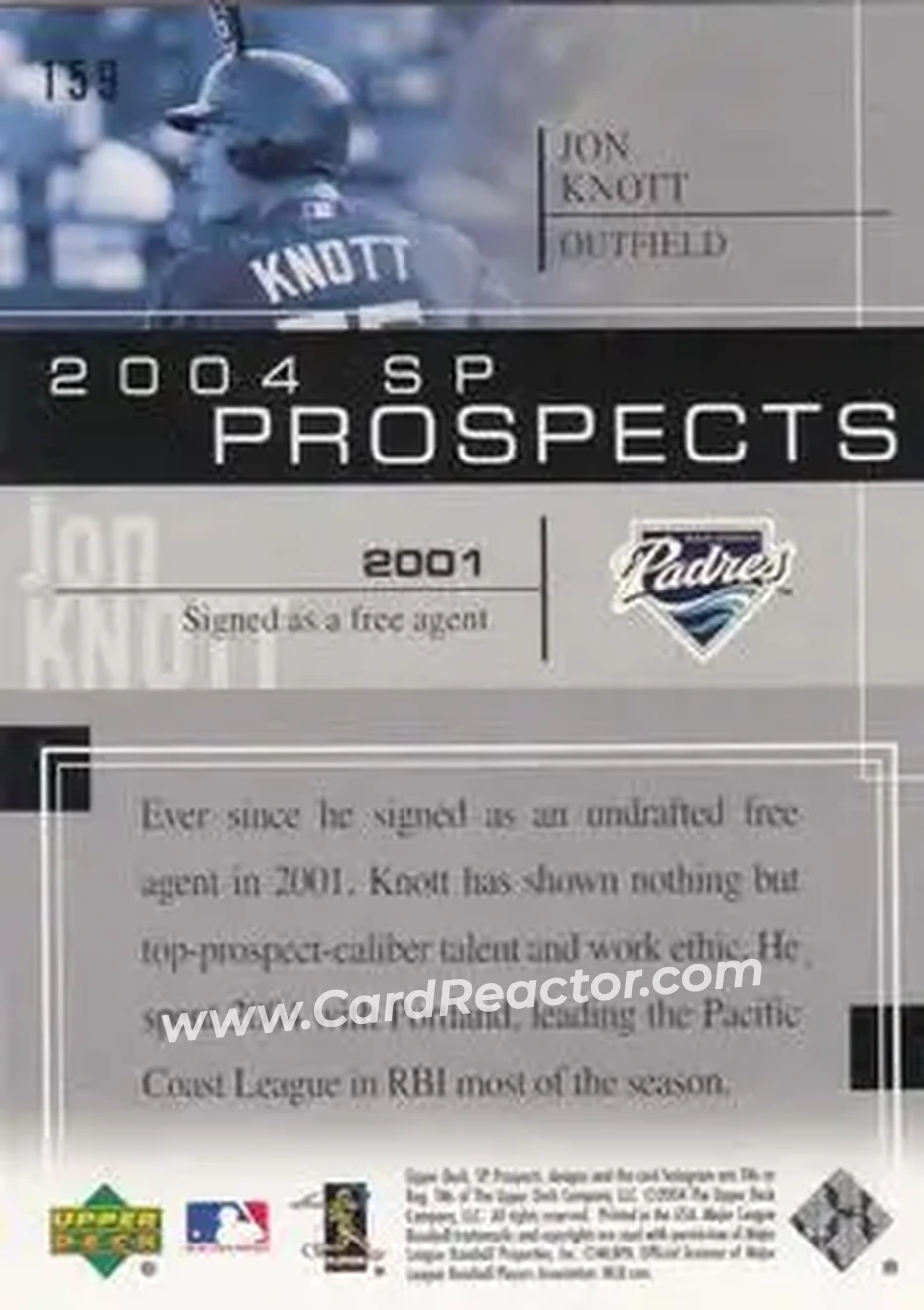 2004 SP Prospects #159 - Jon Knott - San Diego Padres - Back 2004 SP Prospects #159 - Jon Knott - San Diego Padres - Back