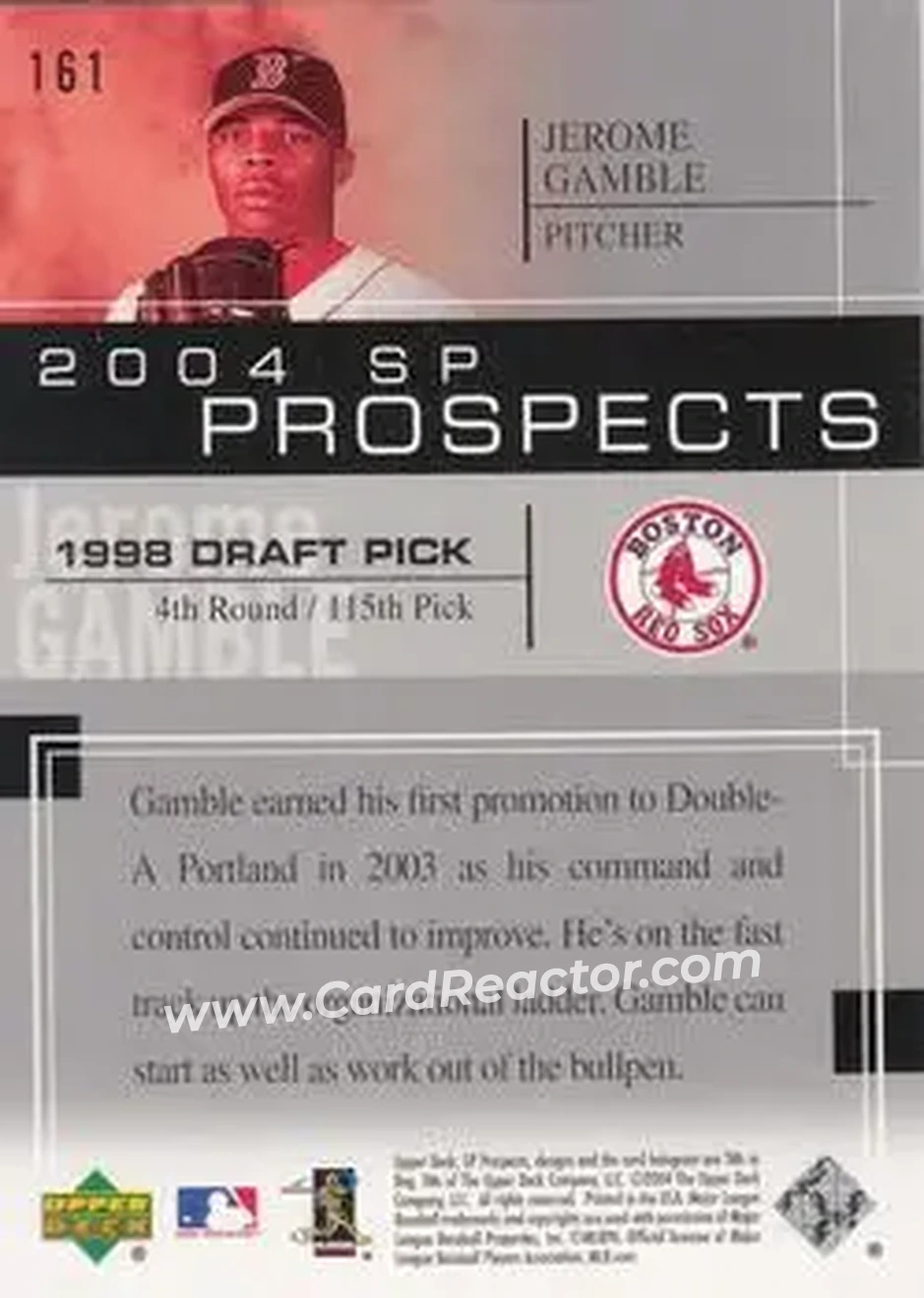 2004 SP Prospects #161 - Jerome Gamble - Boston Red Sox - Back 2004 SP Prospects #161 - Jerome Gamble - Boston Red Sox - Back