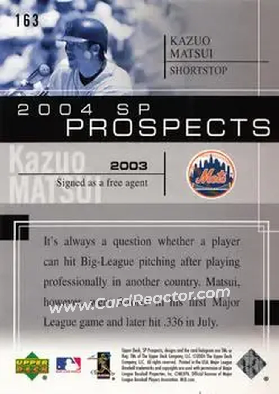 2004 SP Prospects #163 - Kazuo Matsui - New York Mets - Back