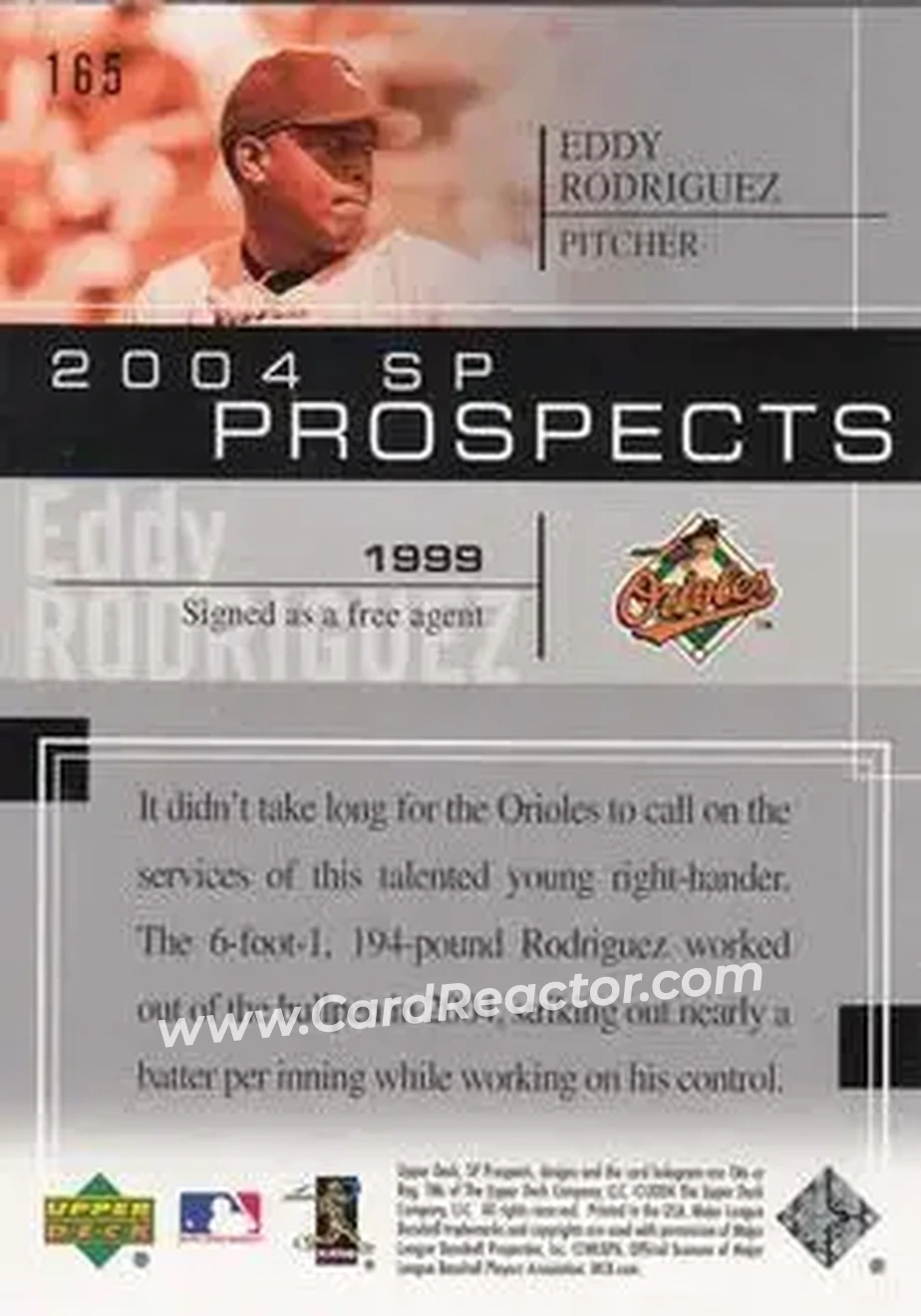 2004 SP Prospects #165 - Eddy Rodriguez - Baltimore Orioles - Back