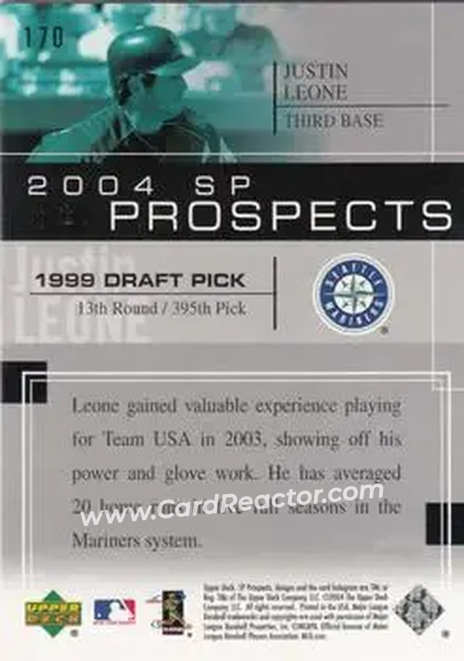 2004 SP Prospects #170 - Justin Leone - Seattle Mariners - Back