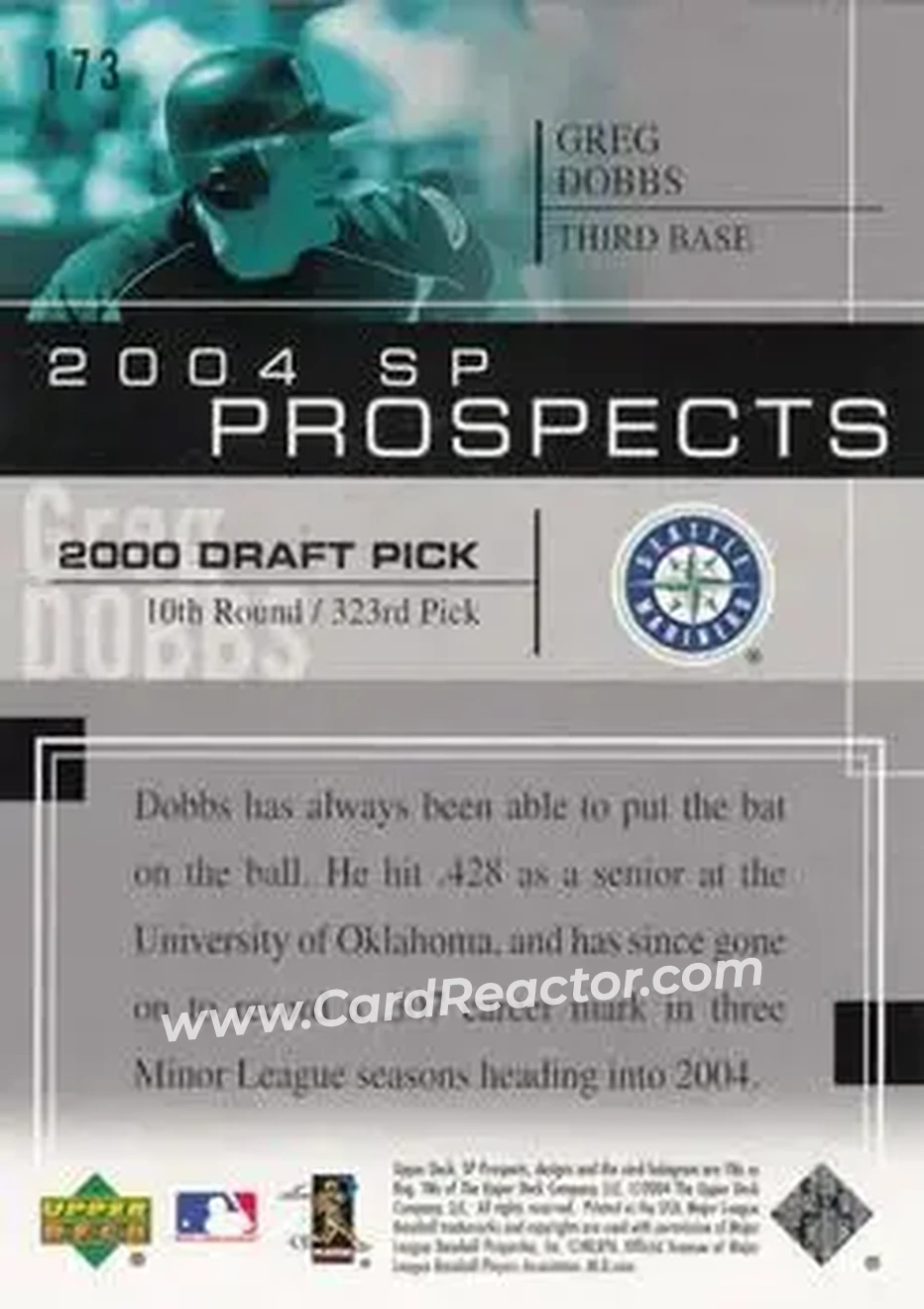2004 SP Prospects #173 - Greg Dobbs - Seattle Mariners - Back 2004 SP Prospects #173 - Greg Dobbs - Seattle Mariners - Back