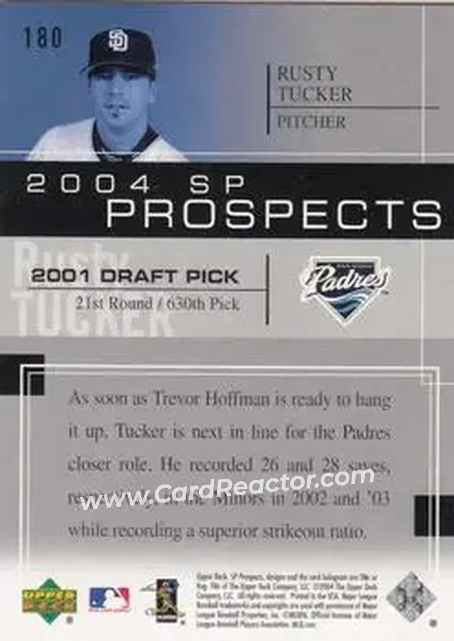 2004 SP Prospects #180 - Rusty Tucker - San Diego Padres - Back