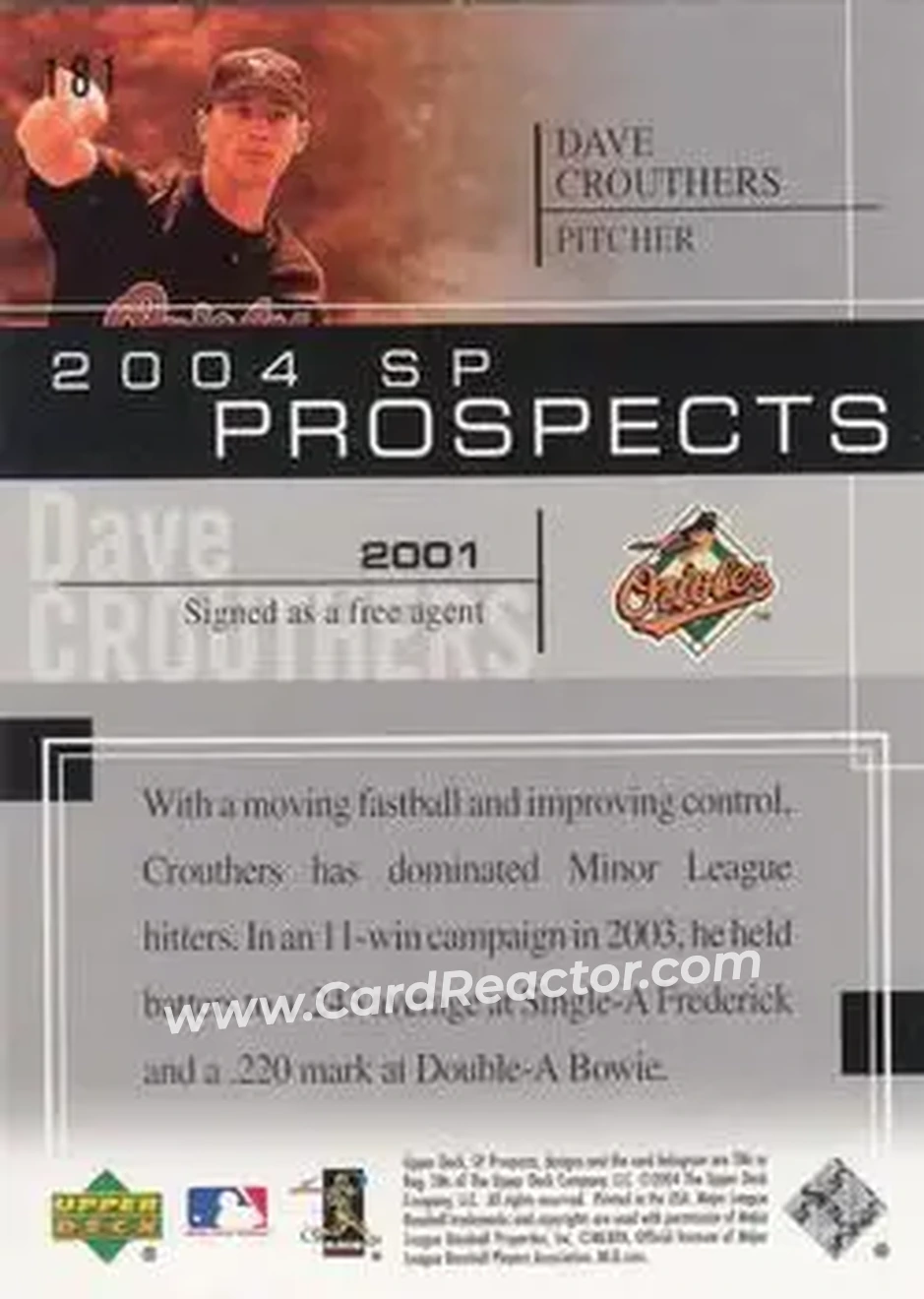 2004 SP Prospects #181 - Dave Crouthers - Baltimore Orioles - Back