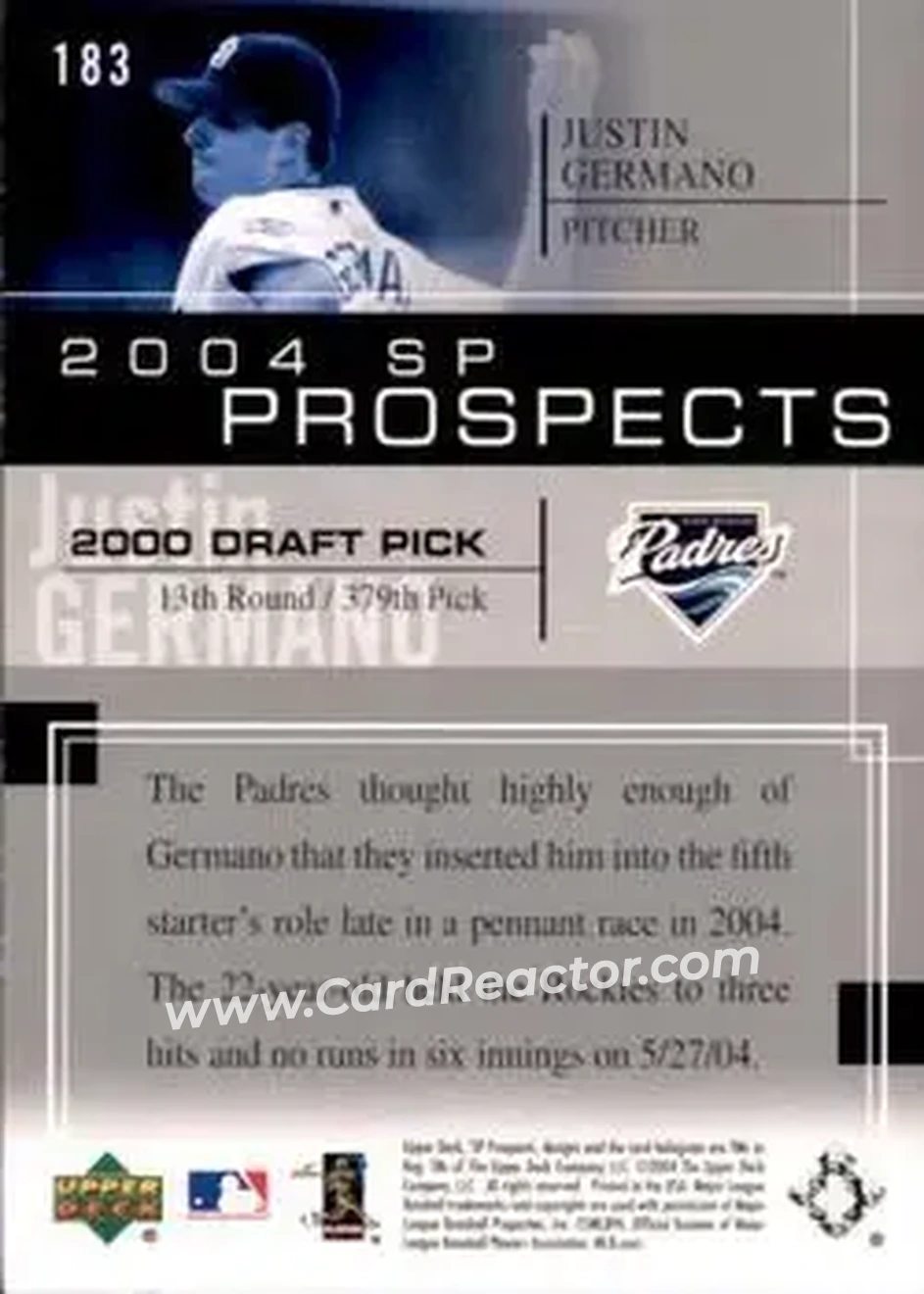 2004 SP Prospects #183 - Justin Germano - San Diego Padres - Back