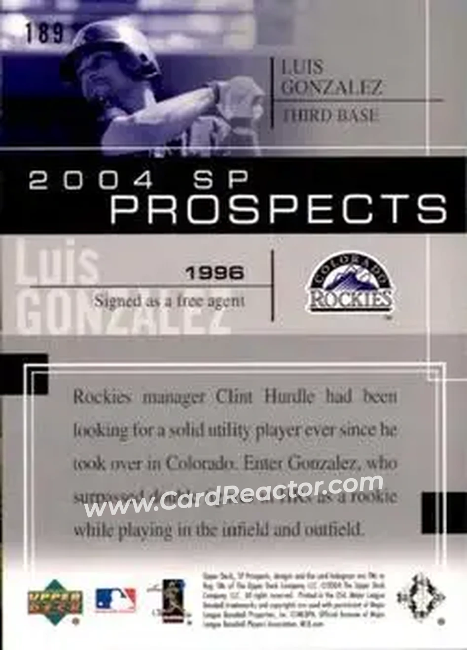 2004 SP Prospects #189 - Luis Gonzalez - Colorado Rockies - Back 2004 SP Prospects #189 - Luis Gonzalez - Colorado Rockies - Back