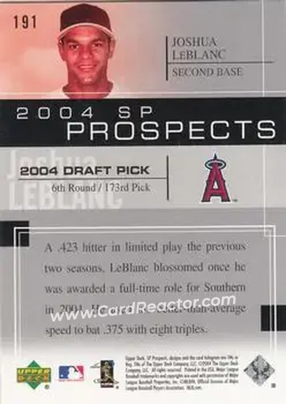2004 SP Prospects #191 - Joshua Leblanc - Anaheim Angels - Back