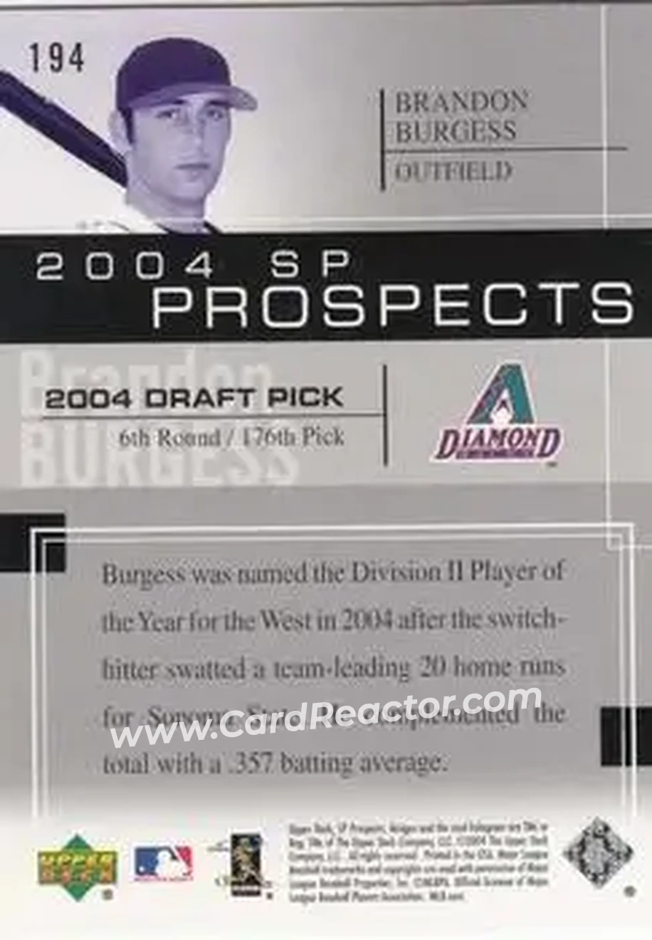 2004 SP Prospects #194 - Brandon Burgess - Arizona Diamondbacks - Back