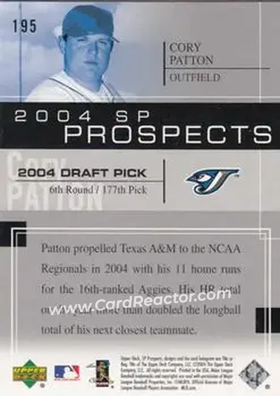 2004 SP Prospects #195 - Cory Patton - Toronto Blue Jays - Back