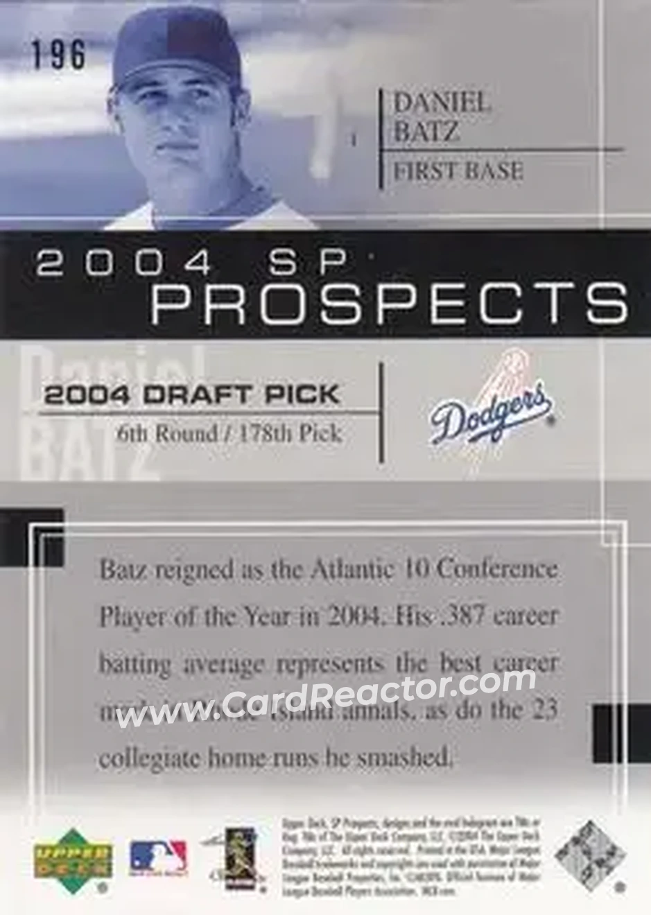 2004 SP Prospects #196 - Daniel Batz - Los Angeles Dodgers - Back 2004 SP Prospects #196 - Daniel Batz - Los Angeles Dodgers - Back