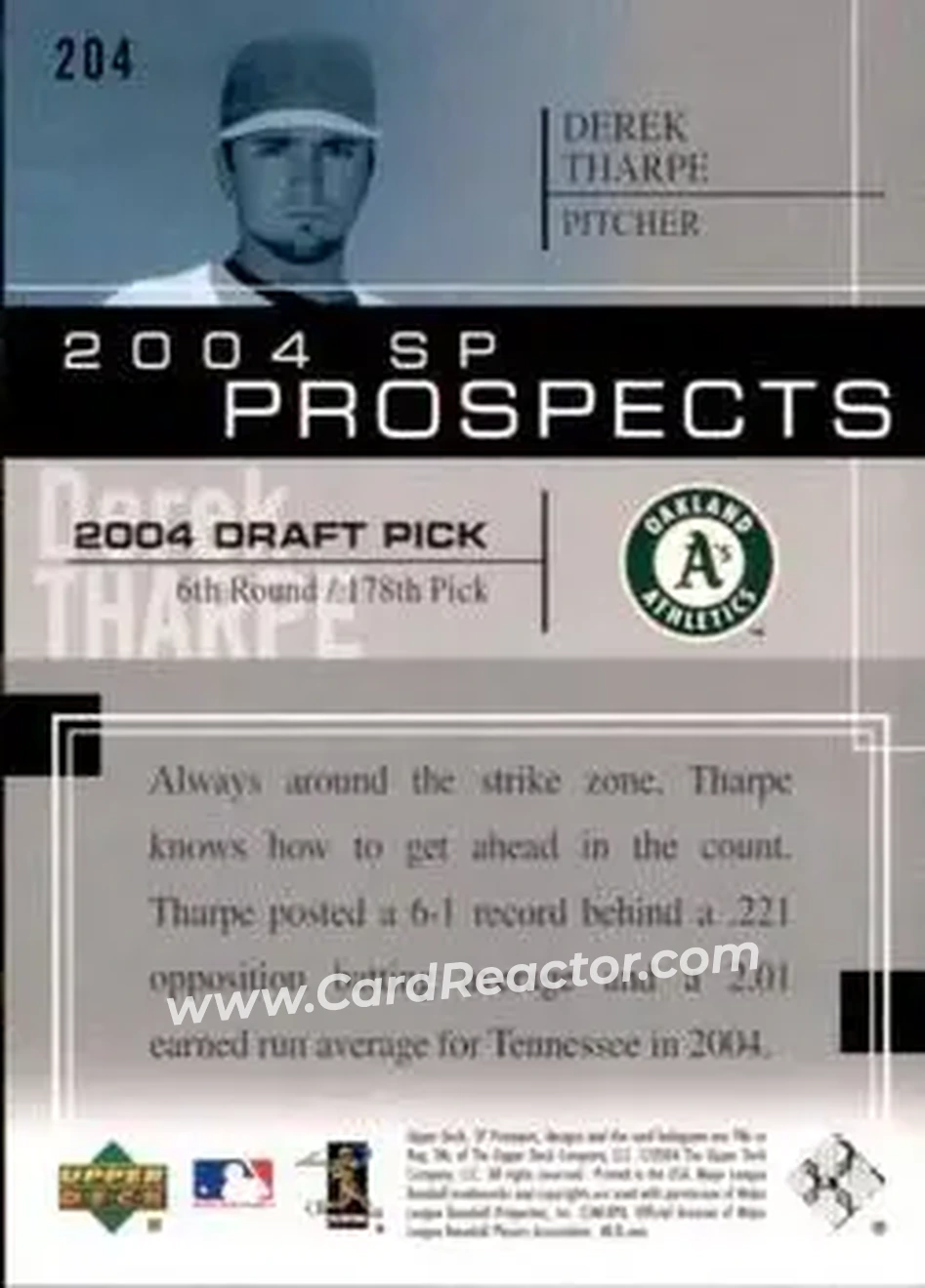 2004 SP Prospects #204 - Derek Tharpe - Oakland Athletics - Back 2004 SP Prospects #204 - Derek Tharpe - Oakland Athletics - Back