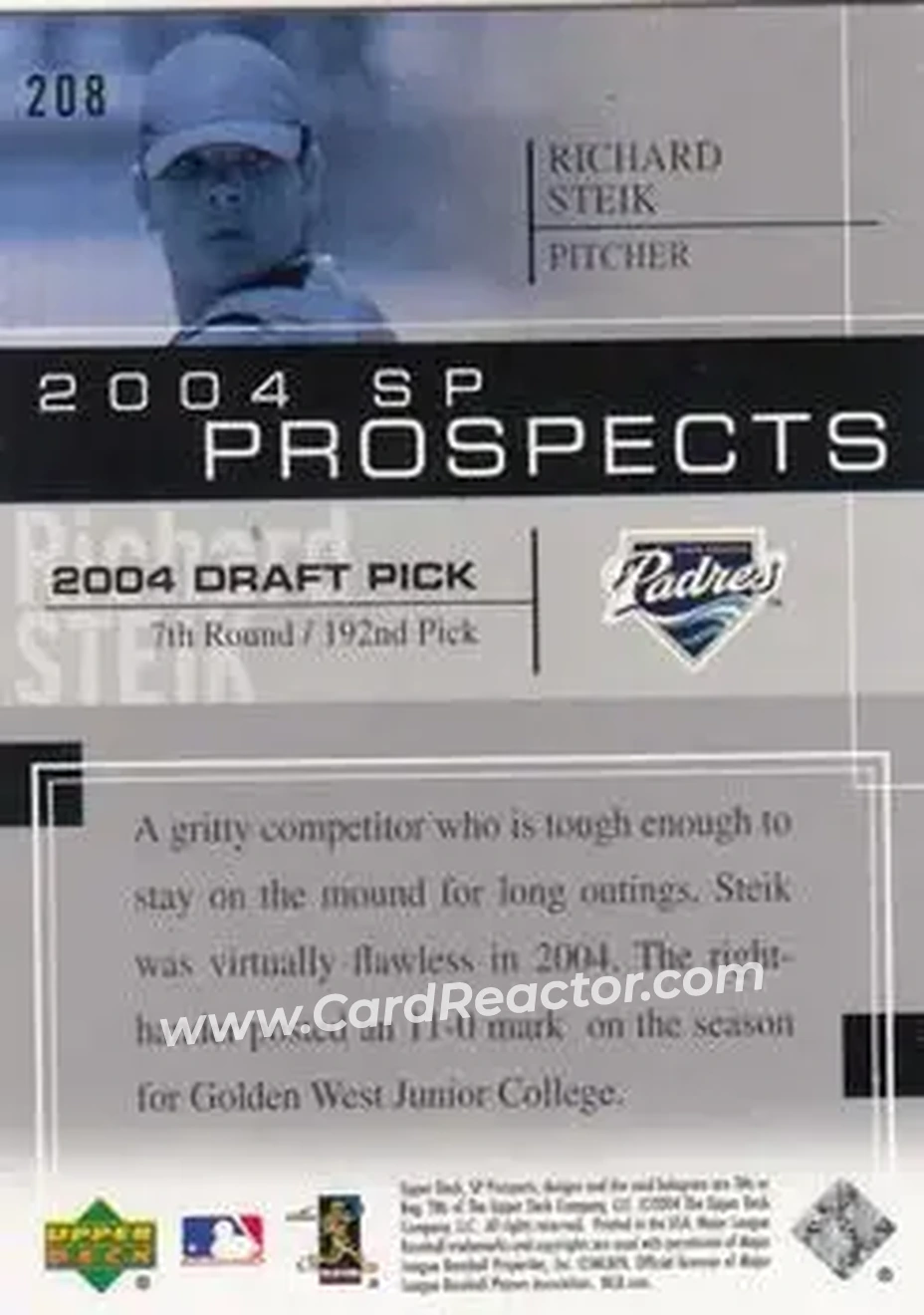 2004 SP Prospects #208 - Richard Steik - San Diego Padres - Back