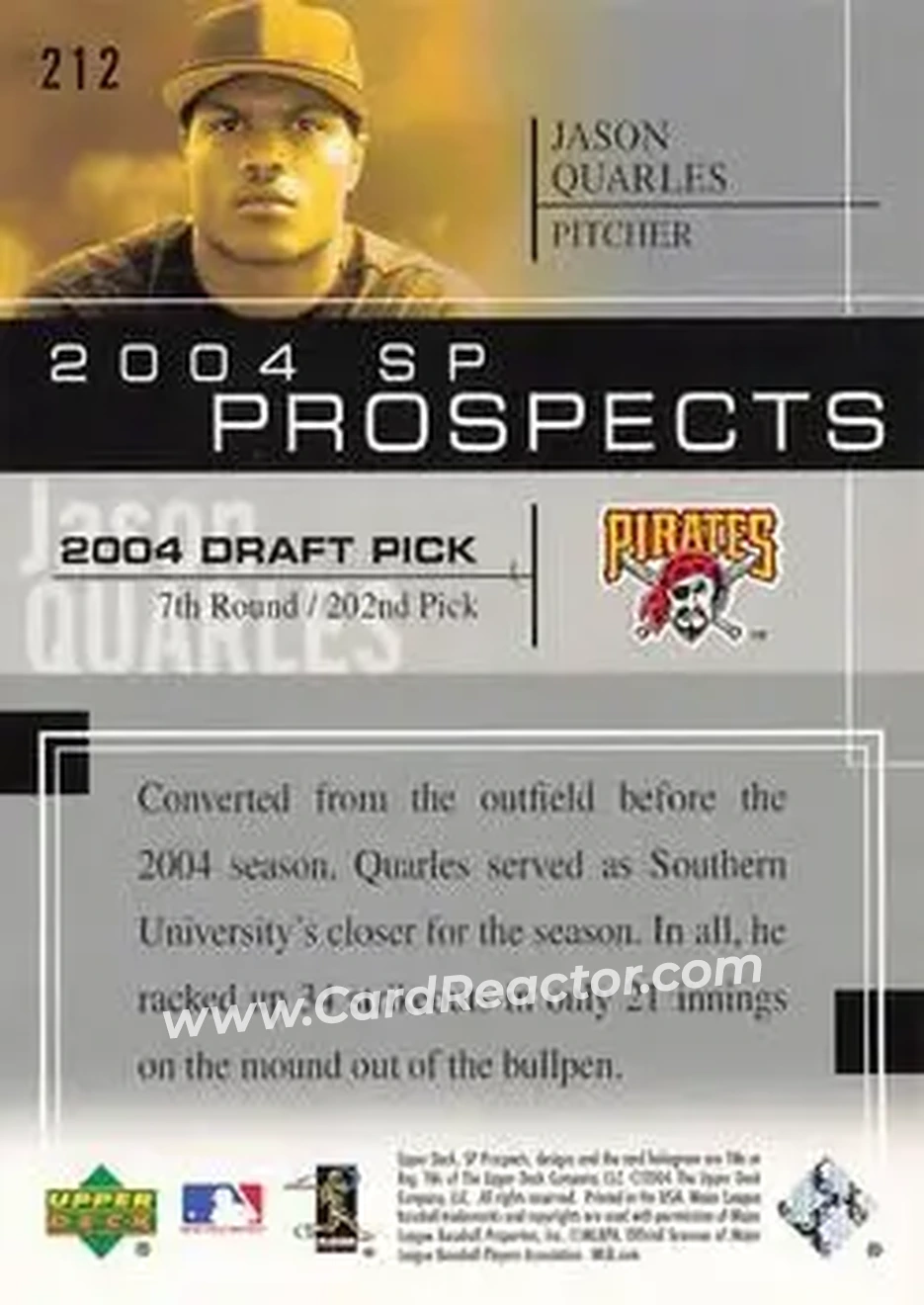 2004 SP Prospects #212 - Jason Quarles - Pittsburgh Pirates - Back