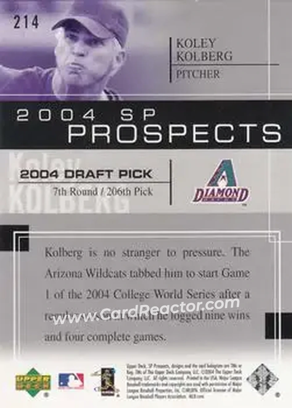 2004 SP Prospects #214 - Koley Kolberg - Arizona Diamondbacks - Back