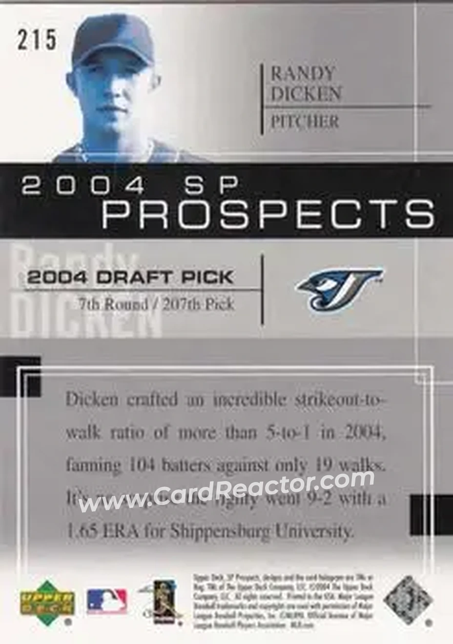 2004 SP Prospects #215 - Randy Dicken - Toronto Blue Jays - Back
