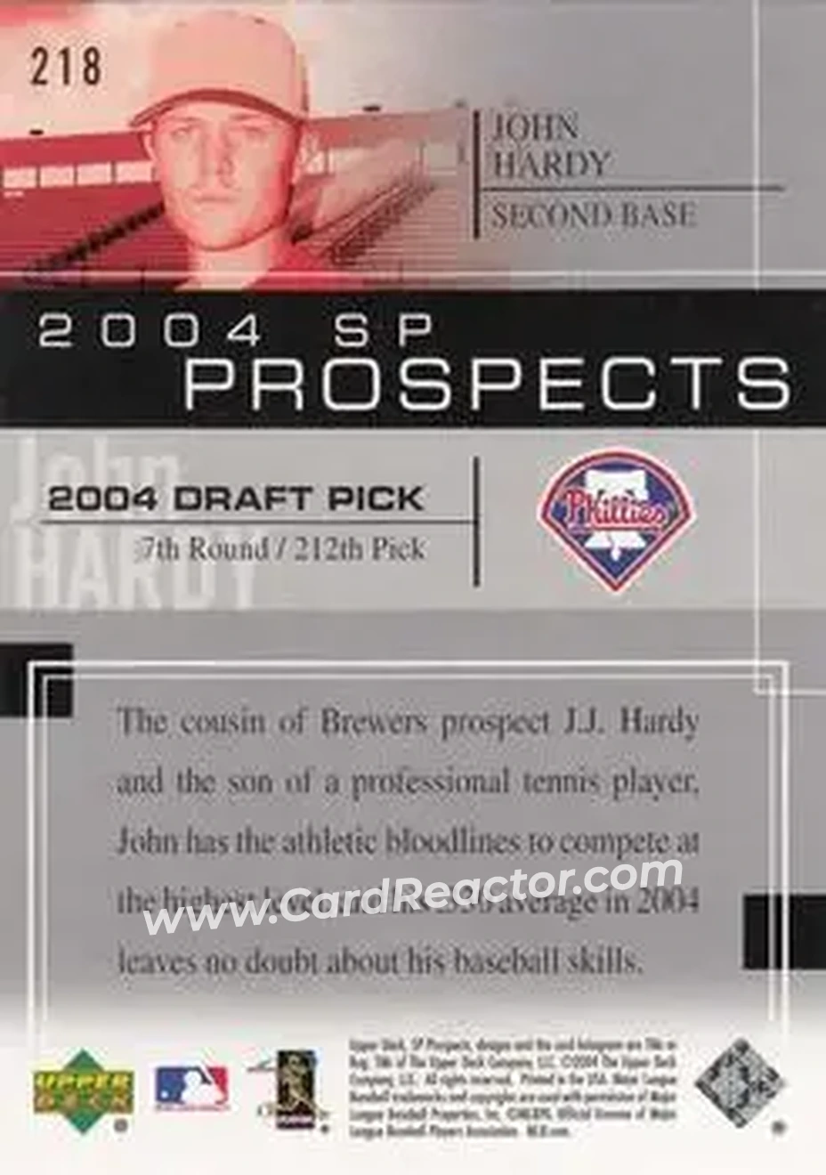 2004 SP Prospects #218 - John Hardy - Philadelphia Phillies - Back 2004 SP Prospects #218 - John Hardy - Philadelphia Phillies - Back