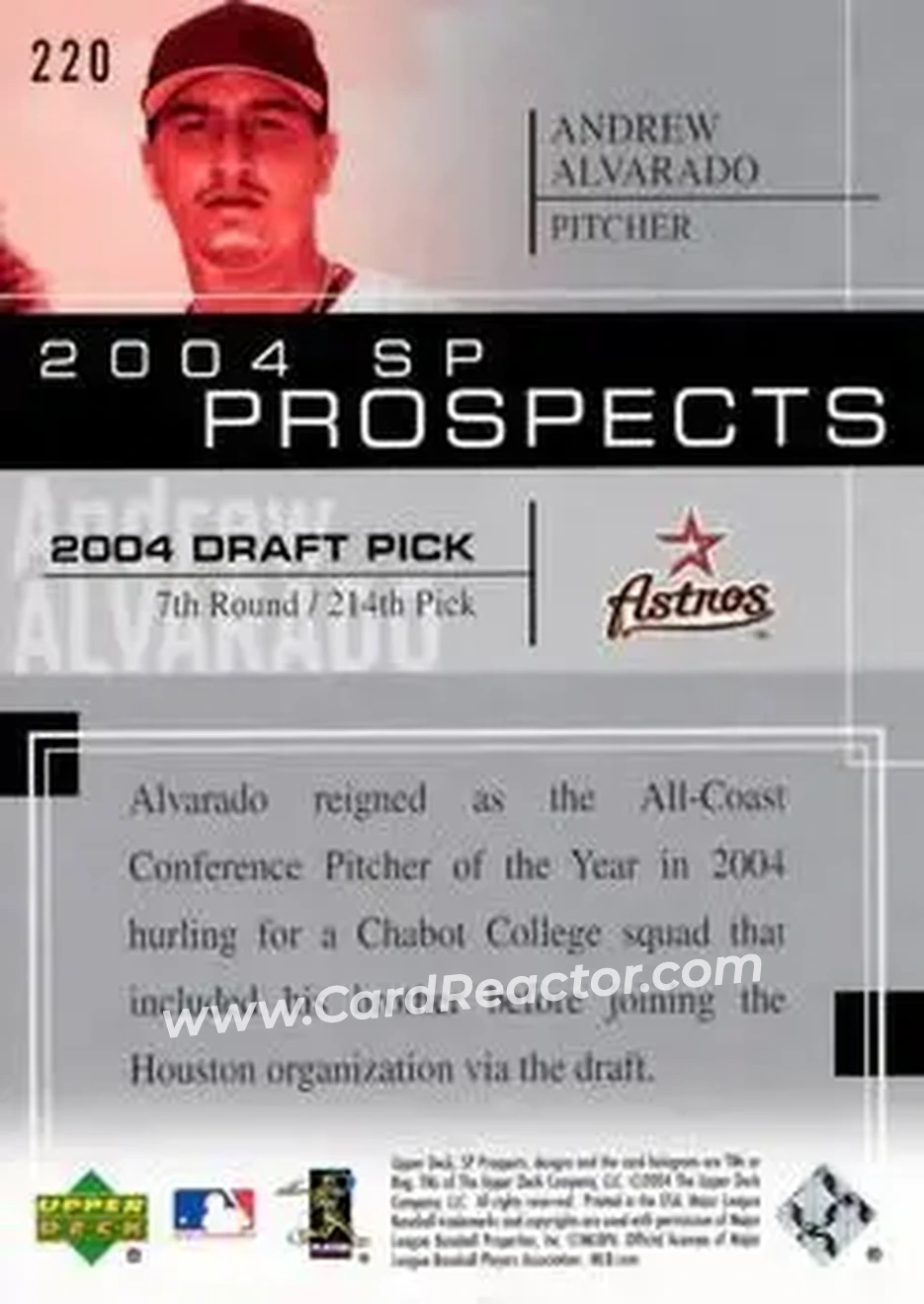 2004 SP Prospects #220 - Andrew Alvarado - Houston Astros - Back 2004 SP Prospects #220 - Andrew Alvarado - Houston Astros - Back