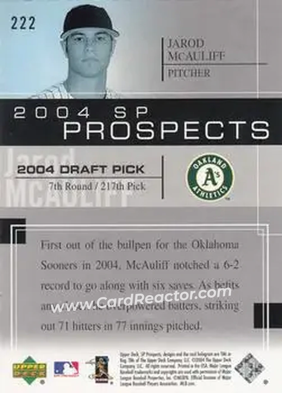 2004 SP Prospects #222 - Jarod McAuliff - Oakland Athletics - Back