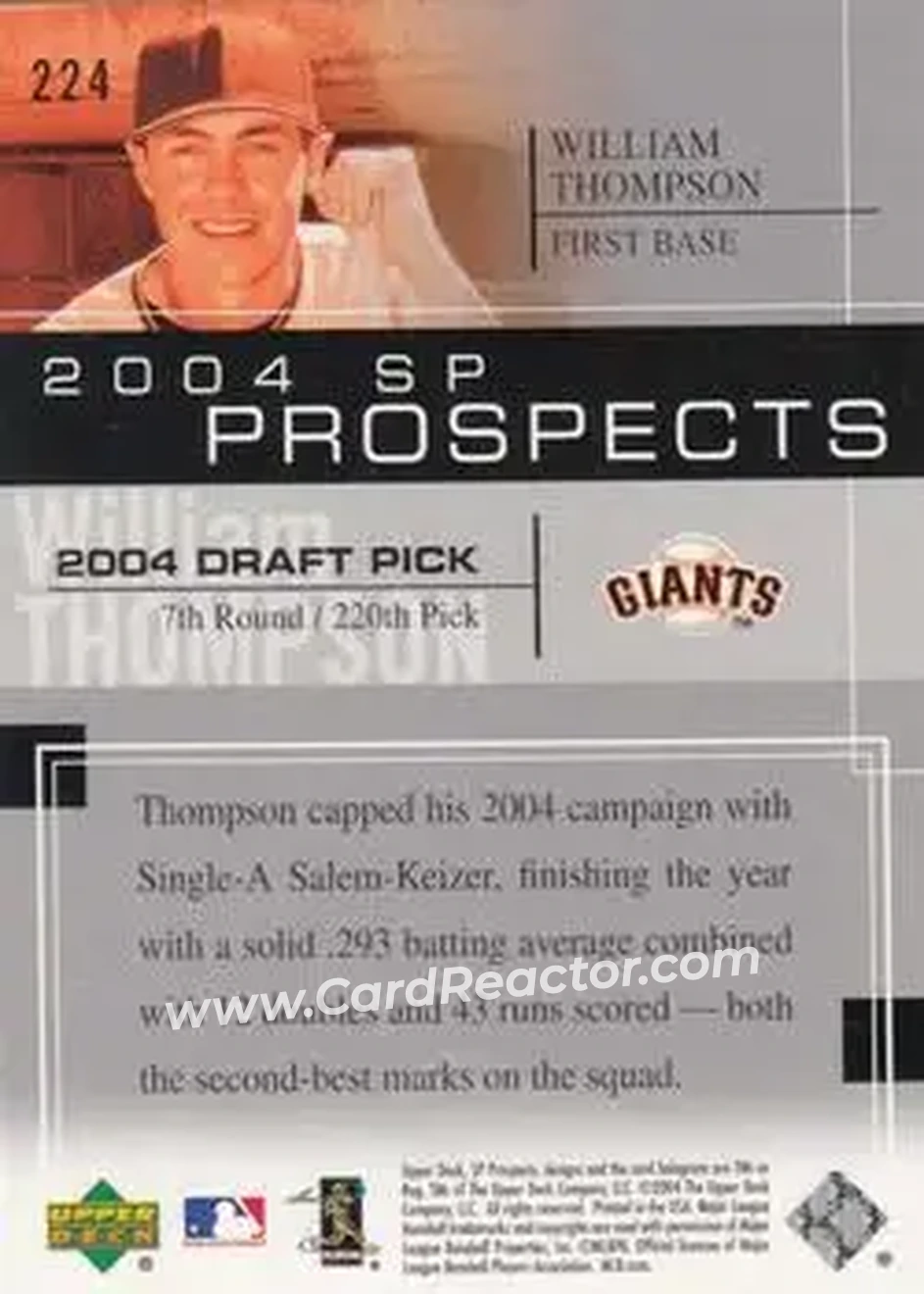 2004 SP Prospects #224 - William Thompson - San Francisco Giants - Back